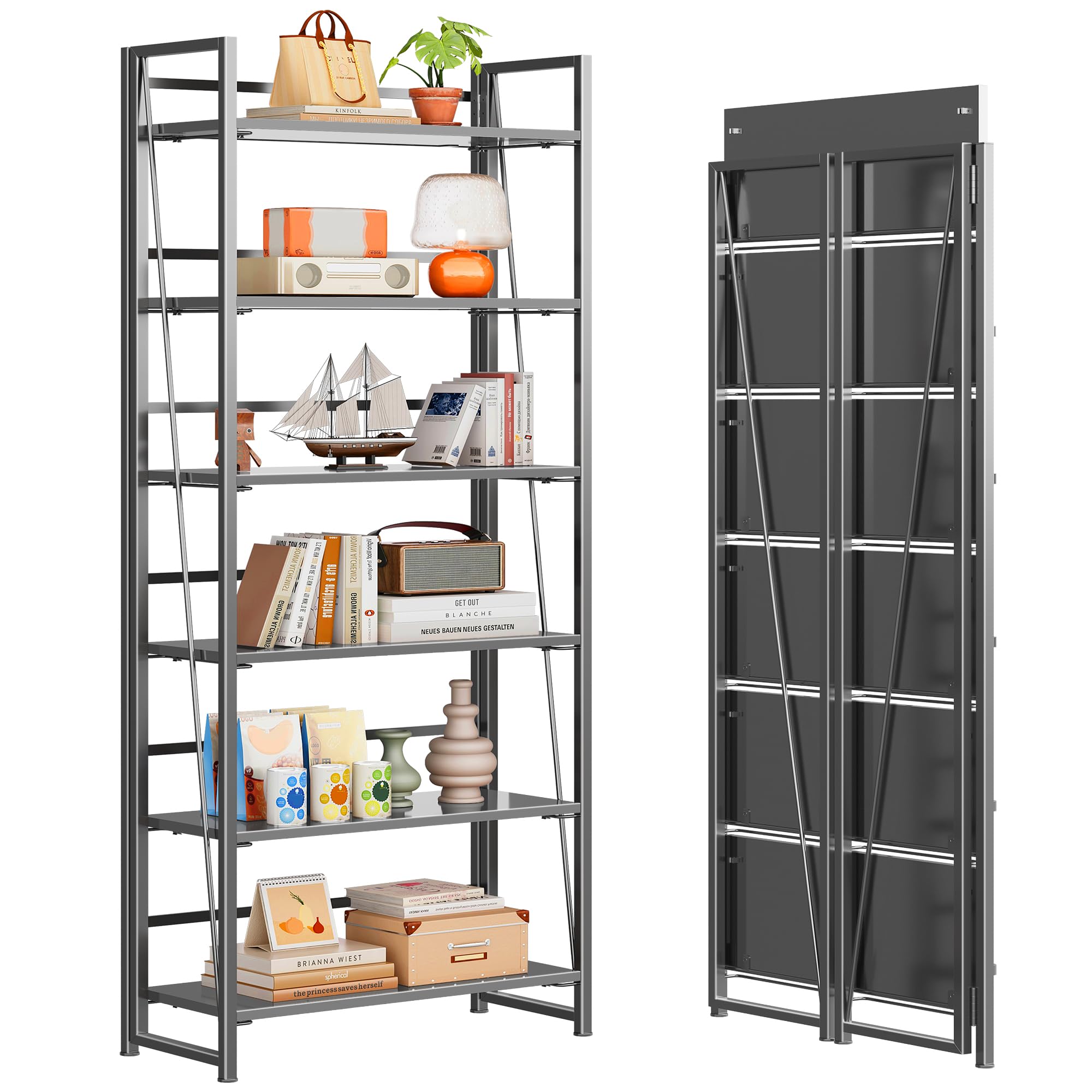 Photo 1 of ***MINOR DAMAGE ON ONE OF THE LEGS***4NM No Assembly Folding Bookshelf, 6-Shelf 74" H Collapsible Foldable Bookcase Storage for Small Spaces, All Black