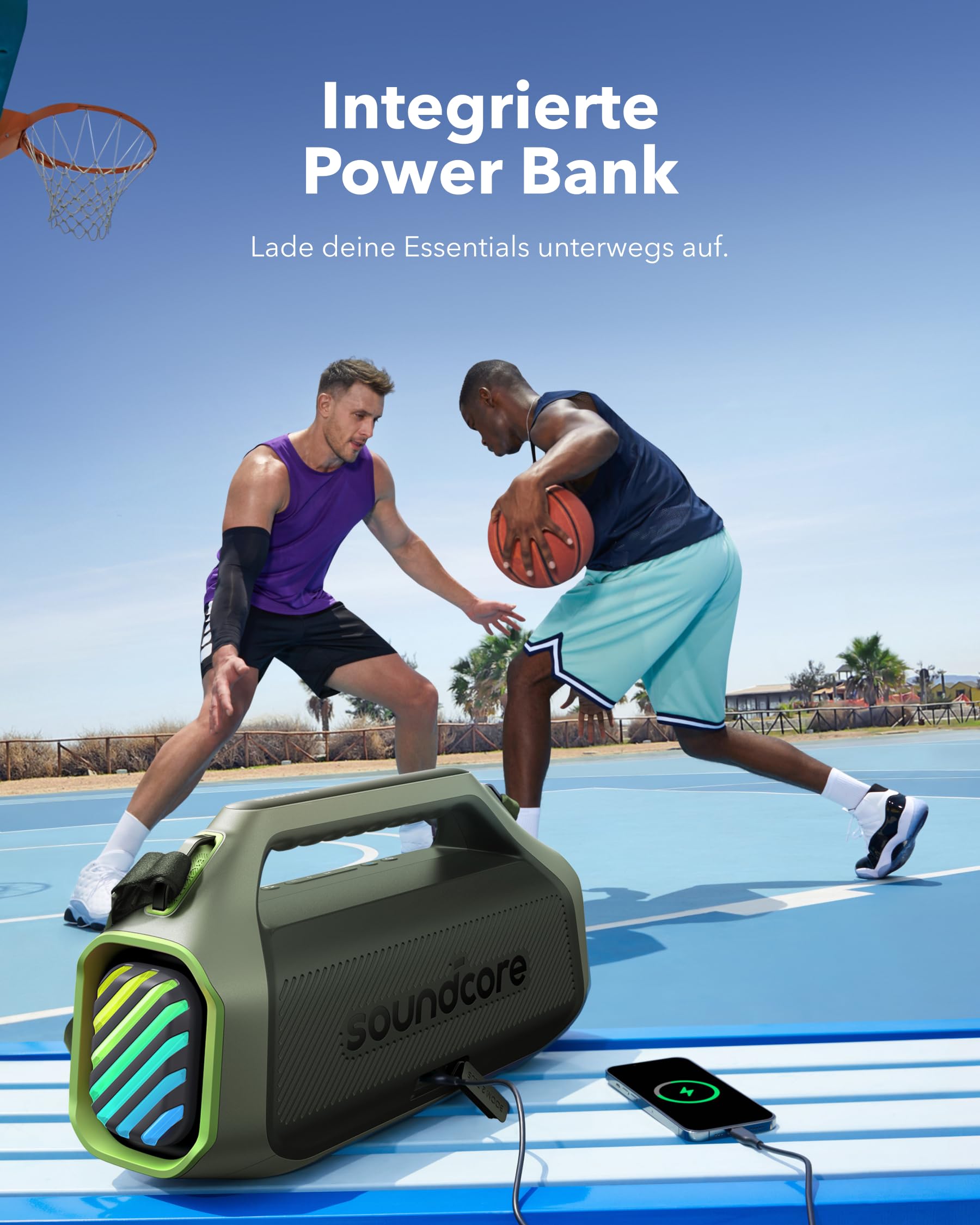 soundcore Anker Motion Boom Plus 2 IP67 Lautsprecher für Draußen, 80W Stereo Sound, Individueller EQ & BassUp, USB-C, Bluetooth, Integrierte Powerbank, Wasserdicht, für Camping, Pool, Strand, Garten 7