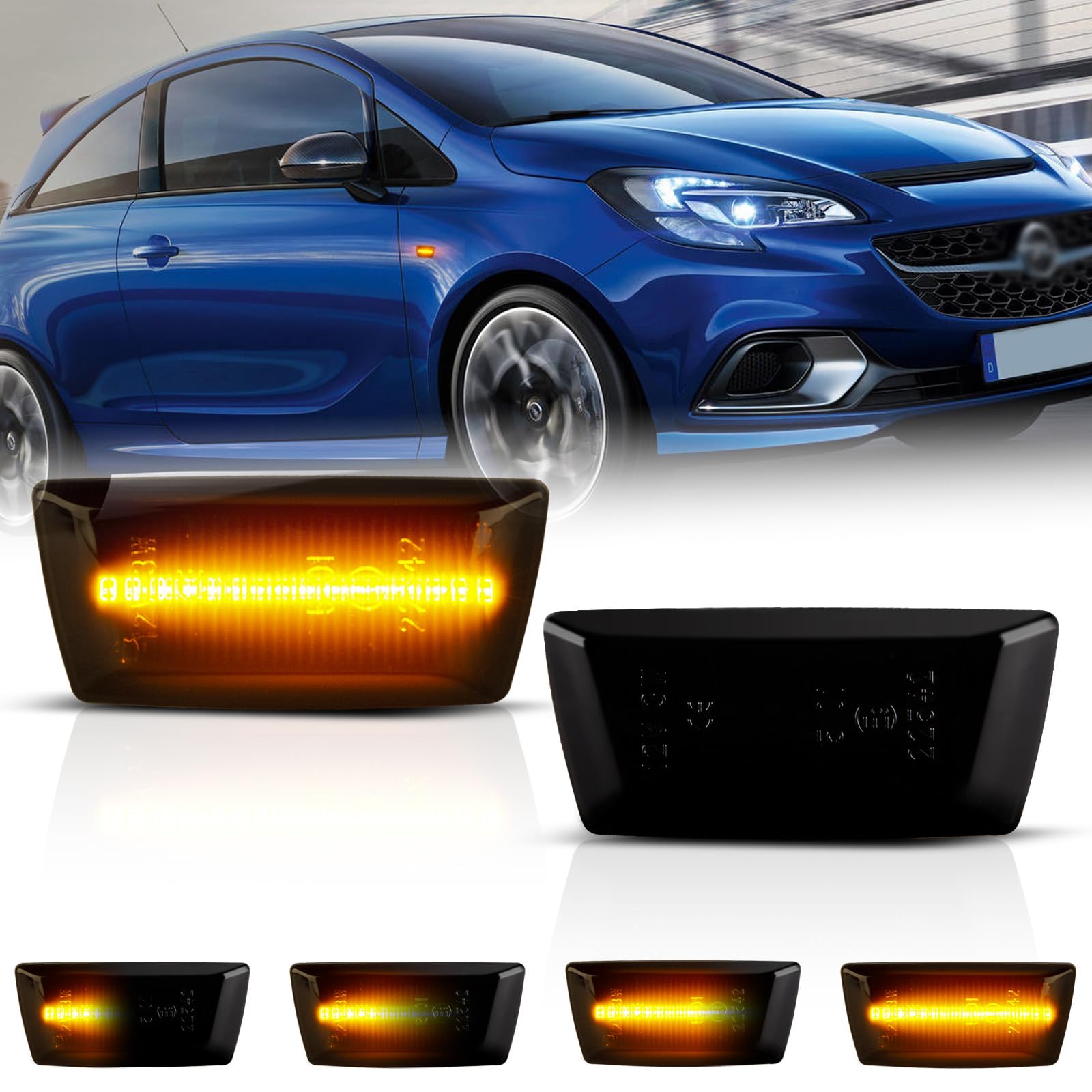 OZ-LAMPE Dynamic Side Indicator for Vauxhall Opel Adam Astra H Corsa D Corsa E Insignia A Meriua B Zafira B,SMD LED Chip Amber Side Marker Blinker, with Canbus, Error Free Side Repeater, smoked Lens