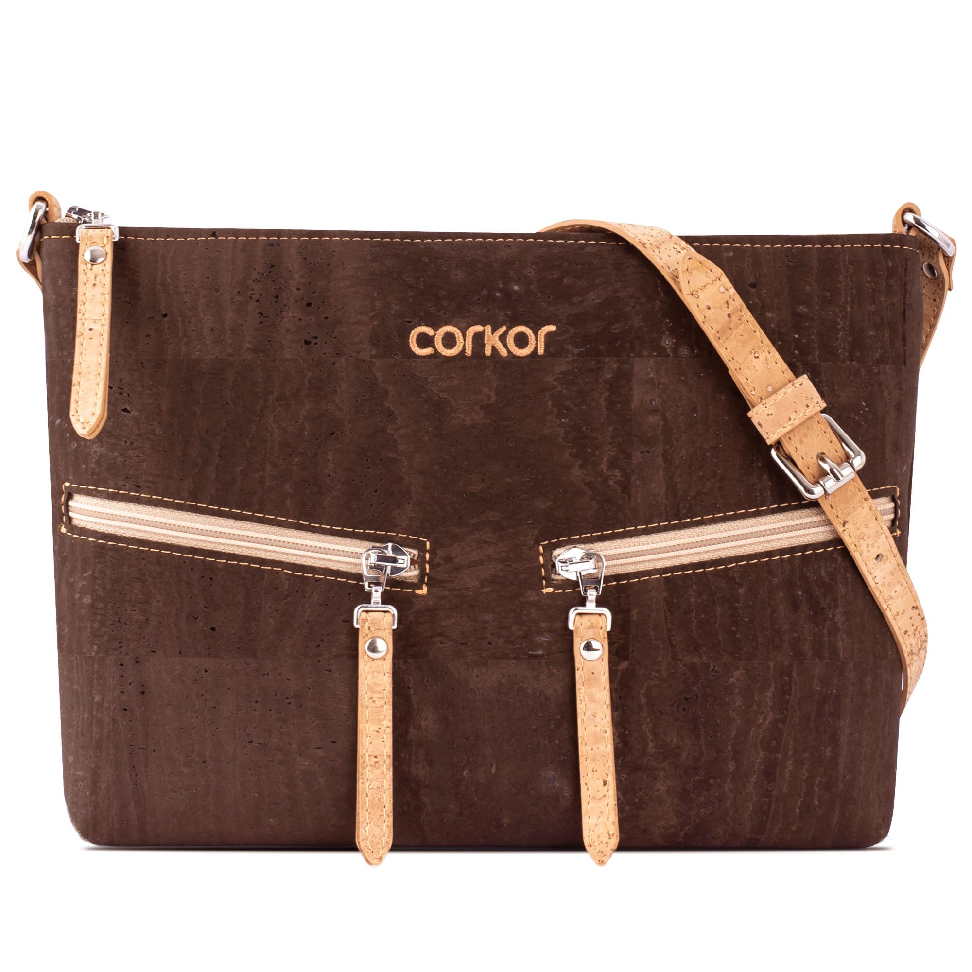 Corkor Across Body Bag for Women Front Pockets Cross Body Strap Vegan Leather Cork Brown Color