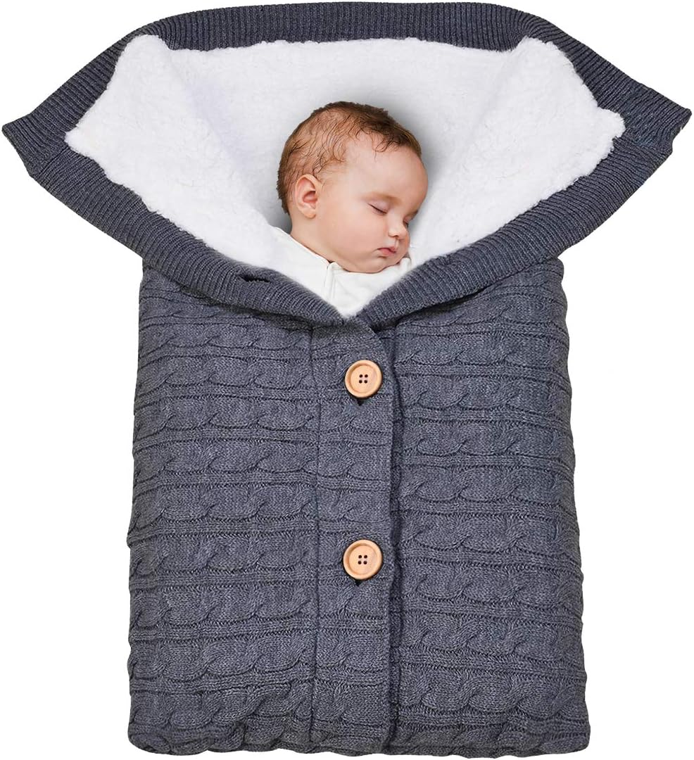 Newborn Baby Swaddle Blanket, Wrap Sleeping Bags Thick Warm Strollers Knit Blanket Plus Velvet Baby Girl Boys Sleeping Sack (Deep Grey)