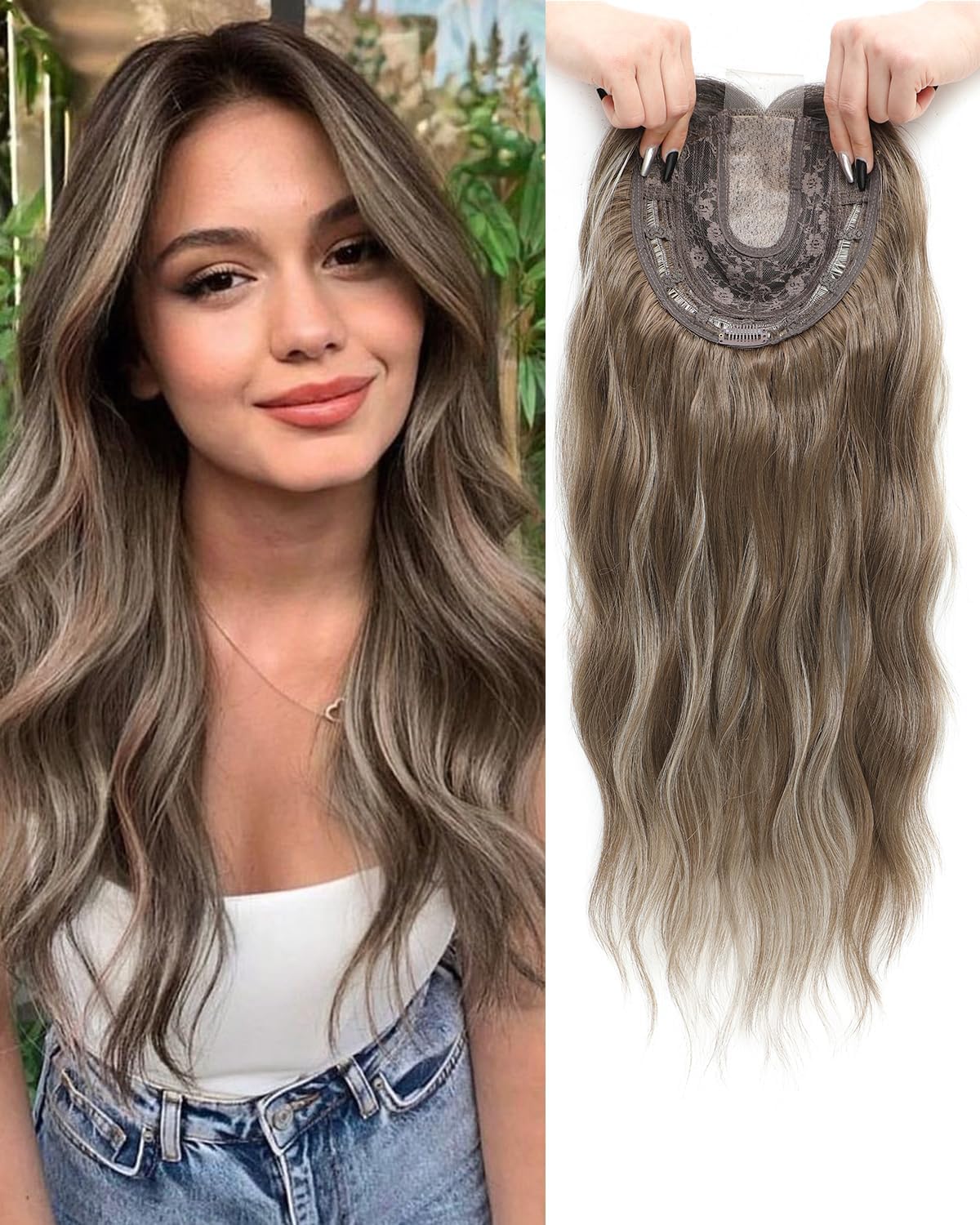 FINE PLUS Hair Topper For Women 20inch Long Wavy Curly Hair Topper Highlights Brown With Dark Root Clip In Fringe Synthetic Wiglets Hair Pieces For Women