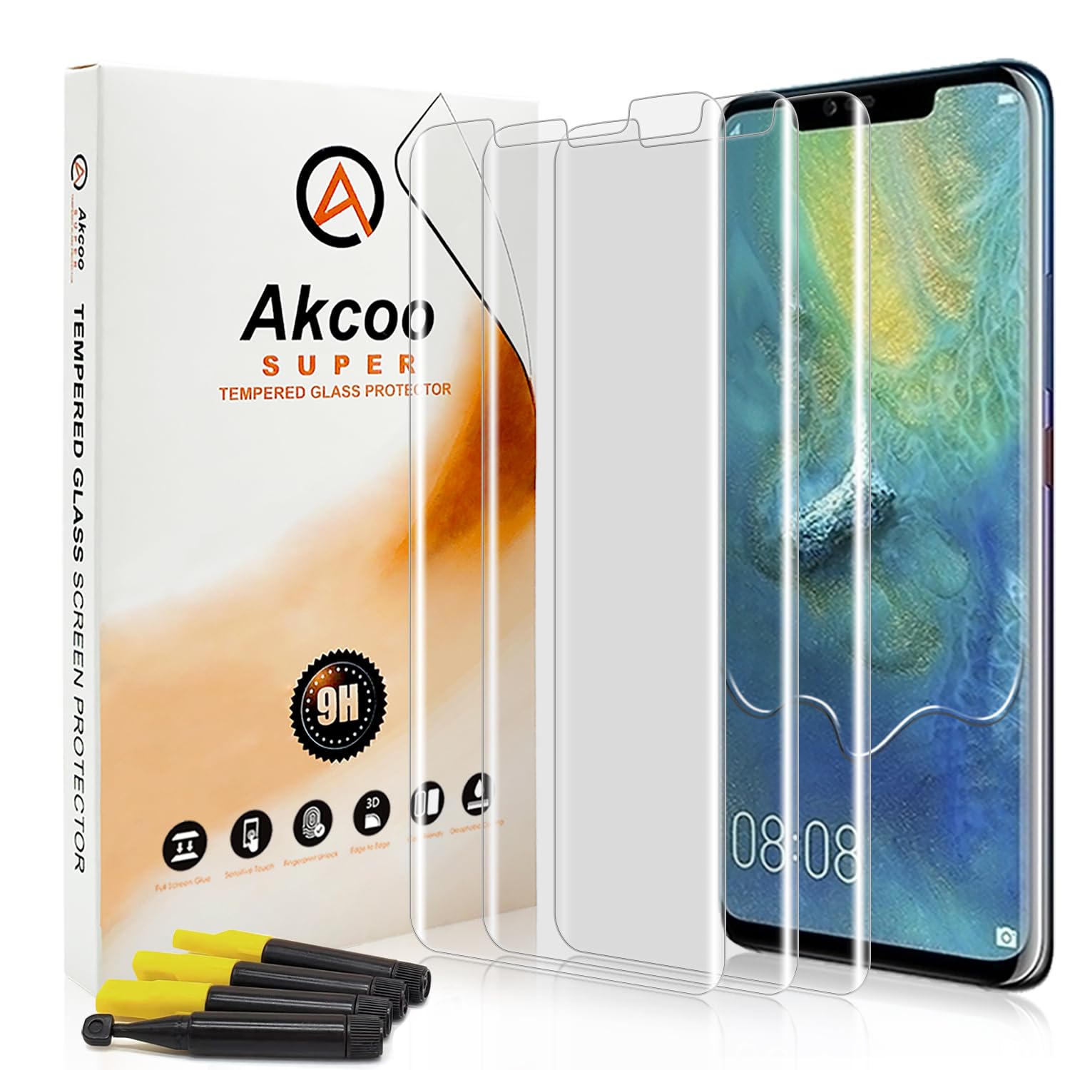 Akcoo [3 Pack Mate 20 Pro Screen Protector Tempered Glass,[Scratch & Crack Repair][Edge to Edge Coverage][Sensitive and Smooth Touch][Anti-Fingerprint]