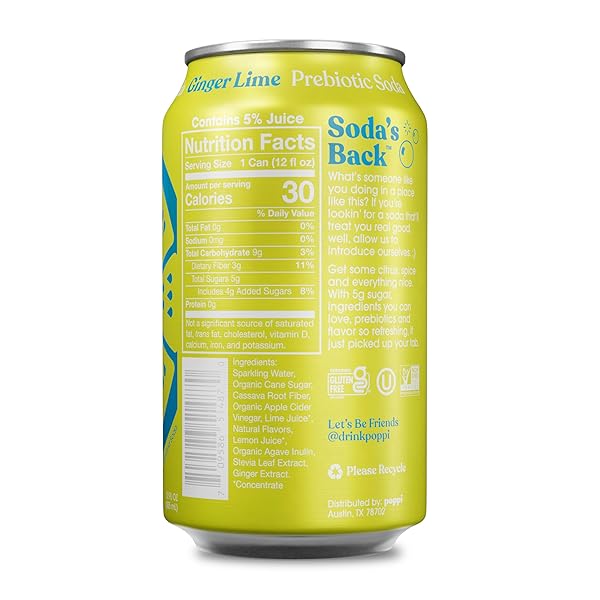 POPPI LIME GINGER PREBIOTIC SODA, 12 FZ