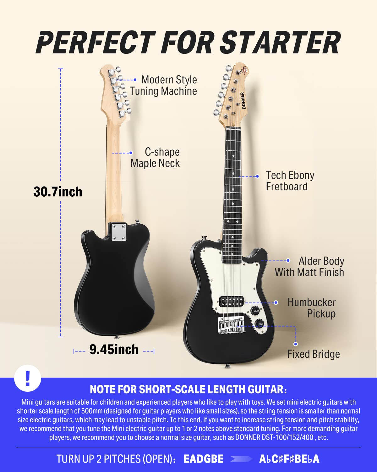 Donner 30 Inch Electric Guitar Beginner Kit for Kids TL Style Mini TC Electric Guitar Junior Starter Package Black with Amp,600D Bag, Tuner, Picks, Cable, Strap and Extra Strings, DTJ-100B