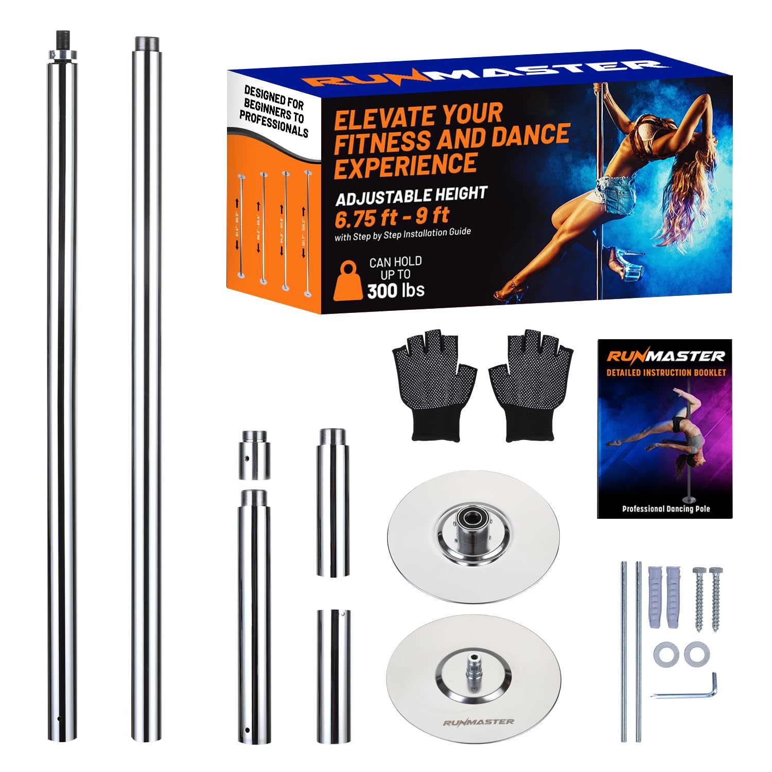 Runmaster Premium Spinning and Static Dance Pole Kit – Portable 45mm Exercise Pole for Club, Party, Home Use – Easy Assembly, Sturdy Steel Construction with Silicone Rubber Protection – Silver