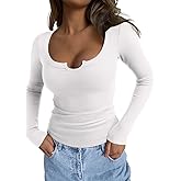 REORIA Womens Long Sleeve Scoop V Neck Shirts Ribbed Knit Slim Fitted Tops Trendy 2025 Fall Basic Tees Going Out Blouse
