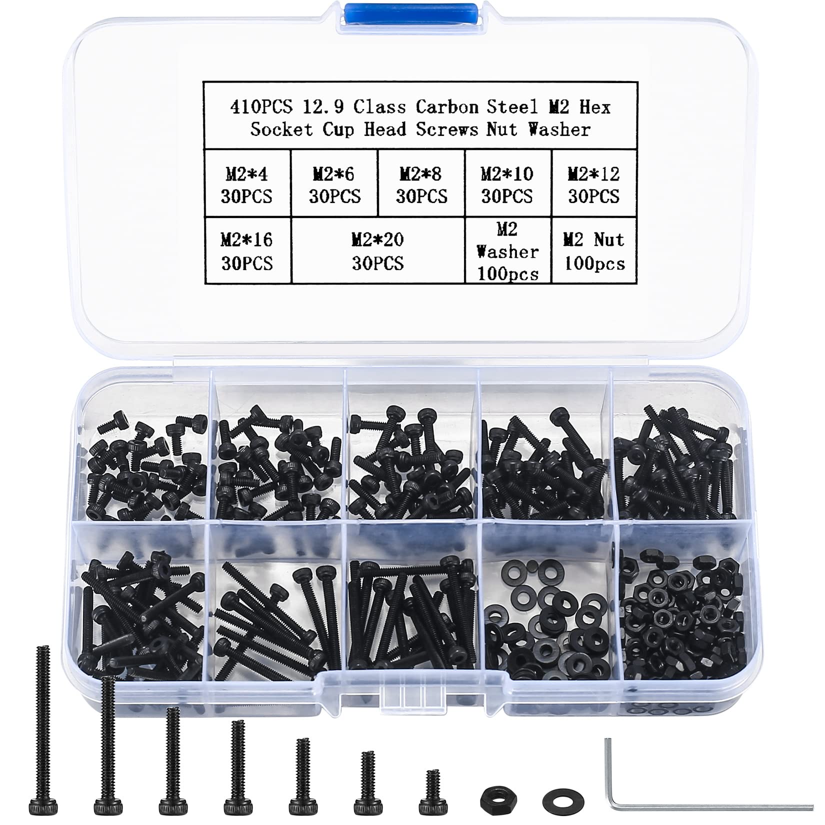 Premium 410-Piece M2 Hex Socket Screw Kit - 12.9 Carbon Steel Machine Screws, Nuts, Washers with Wrenches (Black) - Ideal for Home Repairs, DIY, and Professional Use" — image 1