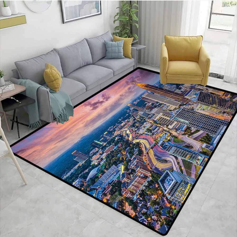 Modern Living Room Rugs Atlanta City Skyline at Sunset with Hazy Light Georgia Town American View Dining Room Home Bedroom W71 x L94 Baby Pink Blue Silver