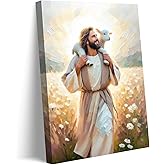 GKQNMU Jesus Carrying The Lamb Canvas Wall Art Jesus leaves the 99 sheep Wall Decor Picture Christ the Good Shepherd Printed Painting for Living room bedroom church Decoration Ready to Hang