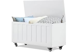 Evajoy Storage Chest, 39.4'' Wooden Storage Bench with 4 Wheels, Shoe Bench with 2 Safety Hinges, Retro Toy Box Organizer Support 300 lbs for Bedroom, Living Room, Easy Assembly, White