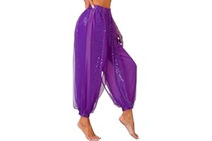 YOOJOO Women's Belly Dance Costume Coin Lantern Pants Side Split Sequin Shiny Harem Pants Arabic Halloween Trousers