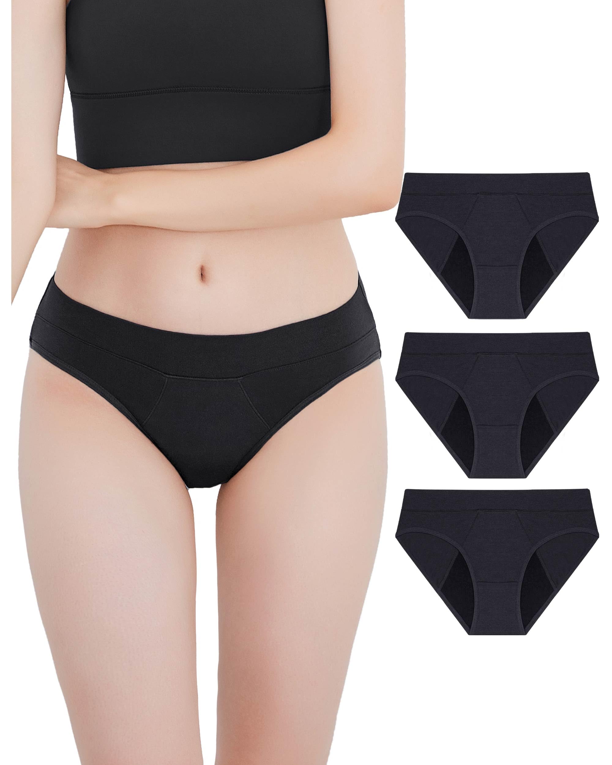 Neione Period Pants for Teenage Girls Period Knickers Teen Reusable Leakproof Menstrual Hipster Panties Multipack of 3 Black XXS