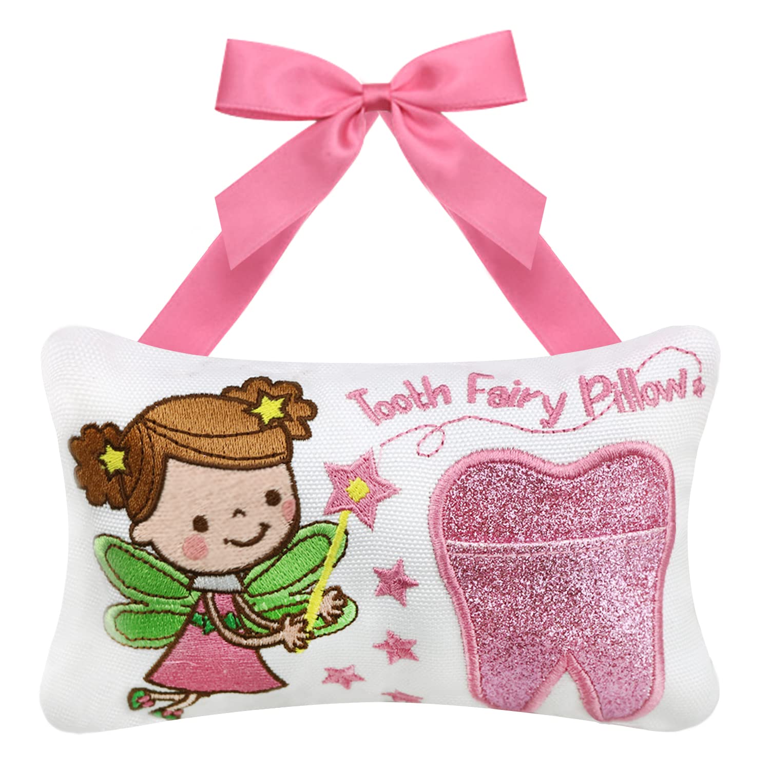 Tooth Fairy Pillow for Boy and Girl Embroidered Cartoon Tooth Pocket Tooth Fairy Gifts Kids (Girl)