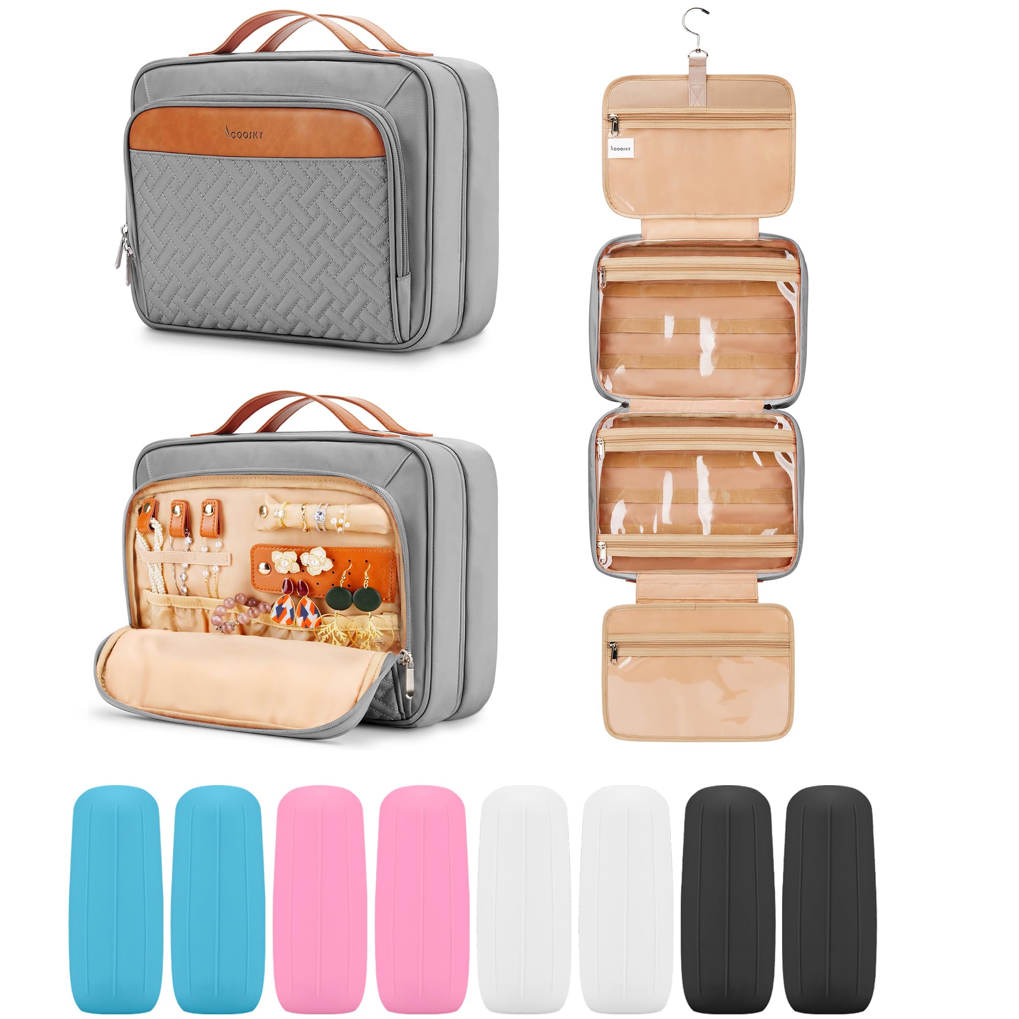 Travel Hanging Toiletry Bag for Women and Men, with 8 Leak Proofing Silicone Bottle Covers, Waterproof Makeup Accessories, Cosmetic Essentials, Cruise Ship Toiletries Bag with Jewelry Organizer, Pink Image