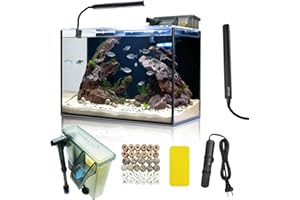 WONDERFACTORY 10 Gallon Aquarium Set Glass Fish Tank, with Heater Water Pump Cleaning System Filter with Media Bright Light, Leak-Proof Clear Rimless Betta Tropical Freshwater Fish