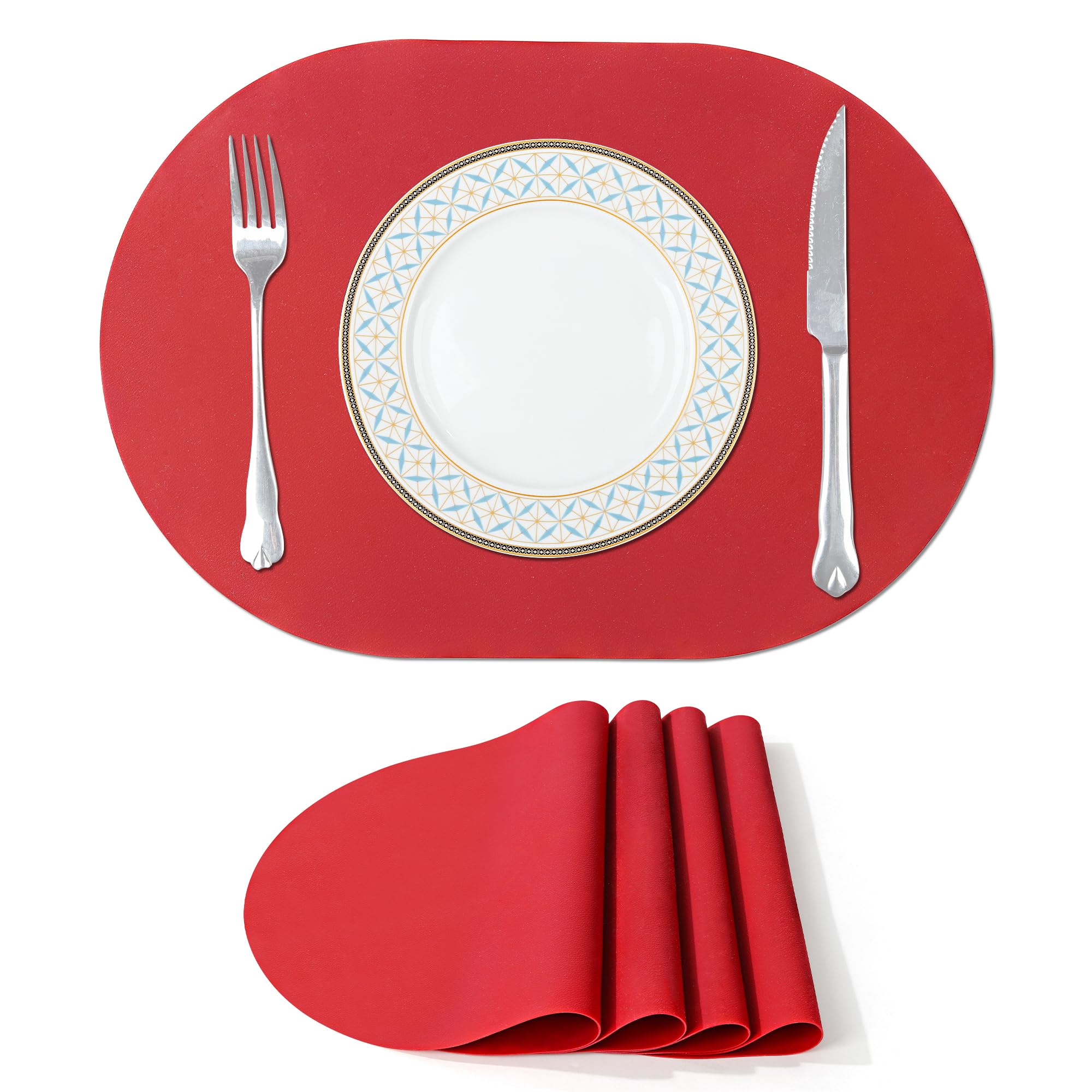 fanquare Silicone Placemats, Oval Placemats for Dining Table, Dark Red Christmas Party Place Mats, Waterproof Heat Insulation Table Mats Set of 4, 43 x 30cm
