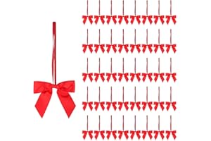 Meseey 50pcs 3 Inch Stretch Elastic Loops with Pre-Tied Red Ribbon Bows for Gift Wrapping,Baby Showers, Weddings, Christmas Boxes (3", Red)