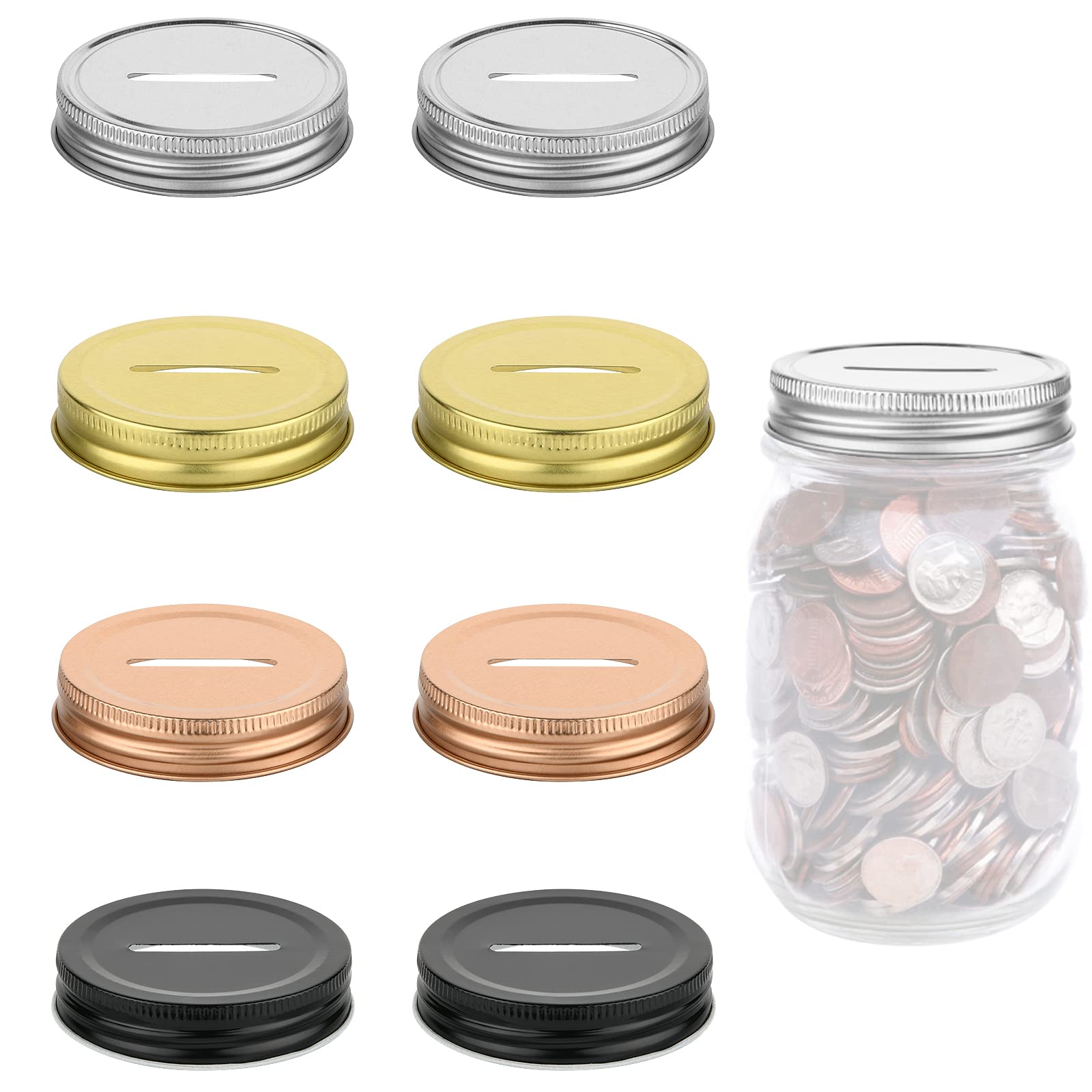 Photo 1 of Cosmos 8 Pcs Coin Slot Bank Lids for Regular Mouth Mason Jars Coin Banks Metal Coin Slot Lid Money Saving Jars Lid Compatiable with Mason Jars Canning Jars, 70mm