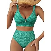 Herseas Women's 2 Piece Floral Print Bikini Sets V Neck Stitch Swimsuits High Waisted Bathing Suit Beach Summer Swimwear