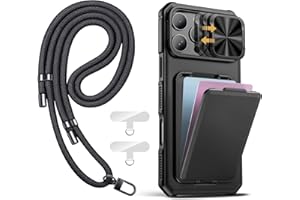 SSLOTSCASE for iPhone 16 Pro Max Case with Phone Lanyard Crossbody (2X Phone Tabs), Card Holder & Kickstand & Slide Camera Lens Cover, Rugged Heavy Duty Phone Case Cover for iPhone 16 Pro Max, Black