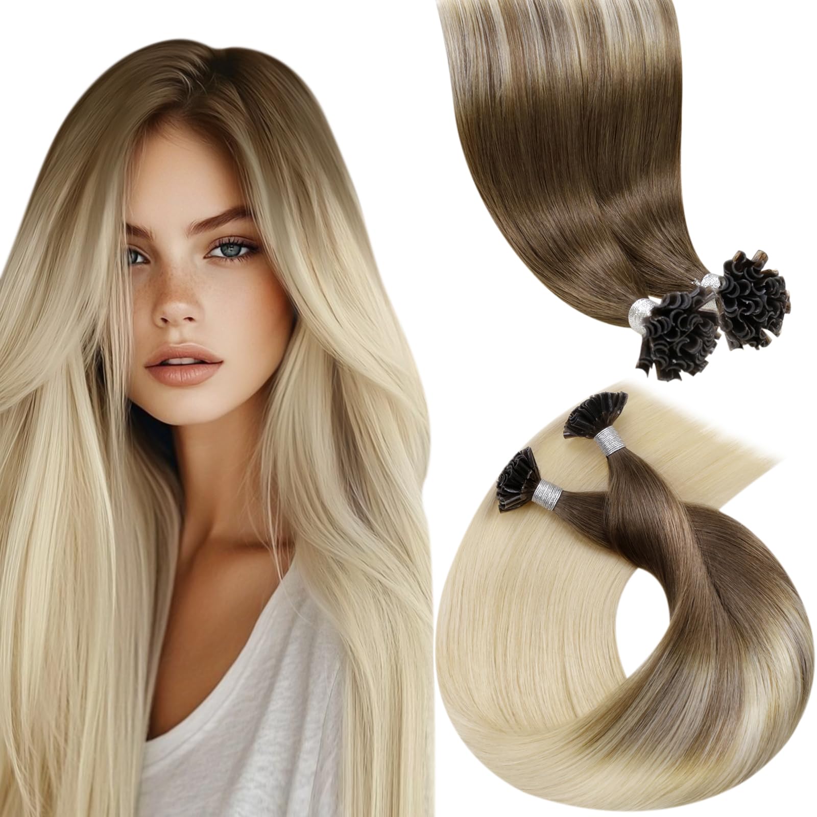 LaaVoo U Tip Hair Extensions Real Human Hair Blonde, Remy Straight Balayage Light Brown to Bleach Blonde Real Hair Extensions, Hot Fusion for Invisible & Stable 50s 50g 20 Inch #8/59