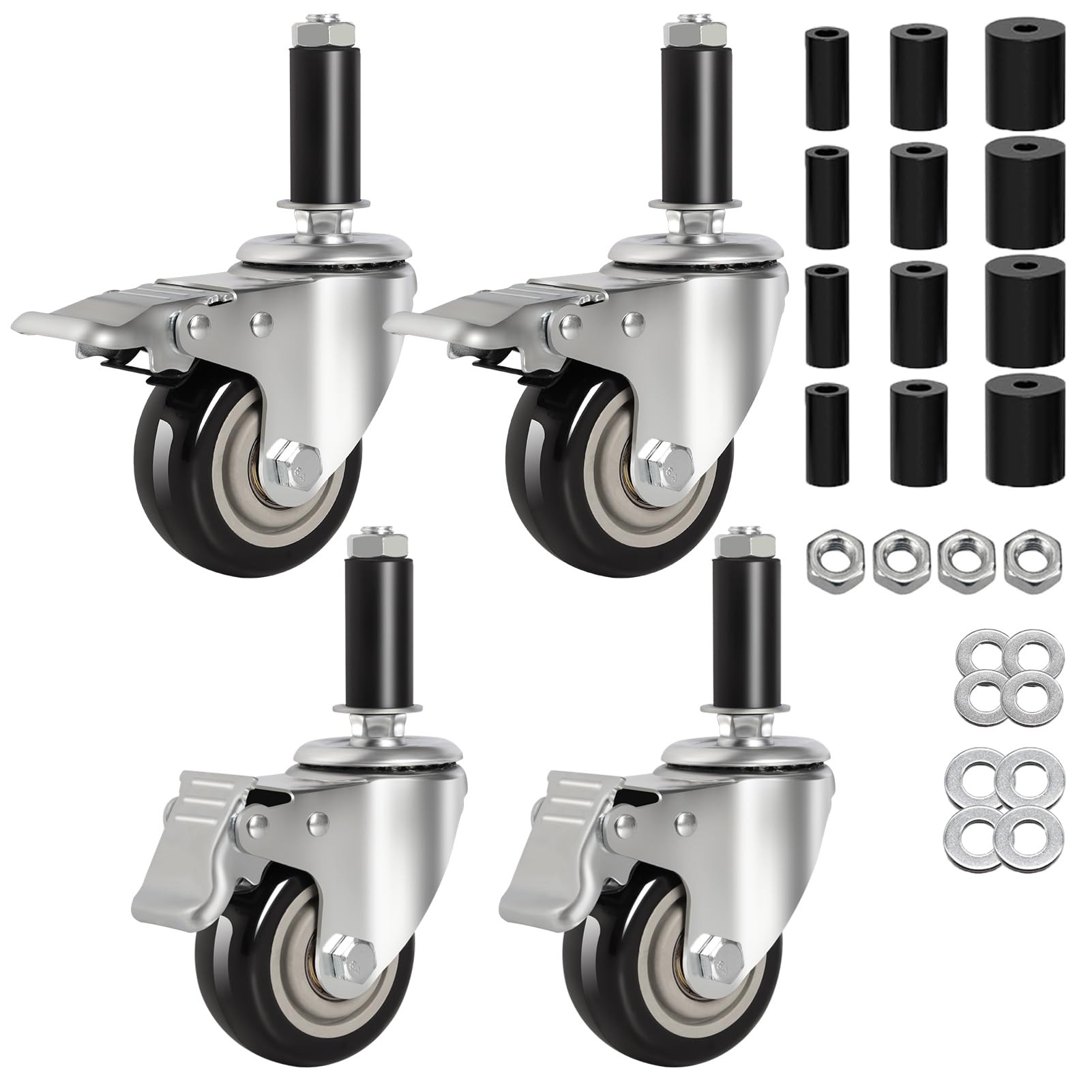 Photo 1 of 3 Inch Caster Wheels for Prep Table, Expanding Stem Casters with Dual Brake, Fit 7/8" to 1-5/8" Tube Leg Industrial Locking Wheels for Stainless Steel Table/Cart/Commercial Kitchen Appliances Leg