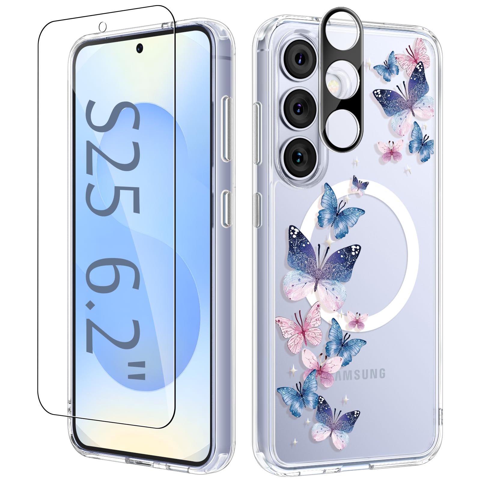 Photo 1 of GVIEWIN for Samsung Galaxy S25 Case, [Compatible with MagSafe] [Screen & Camera Lens Protector] Floral Clear Slim Shockproof Protective Phone Cover for Women, Colorful Butterfly