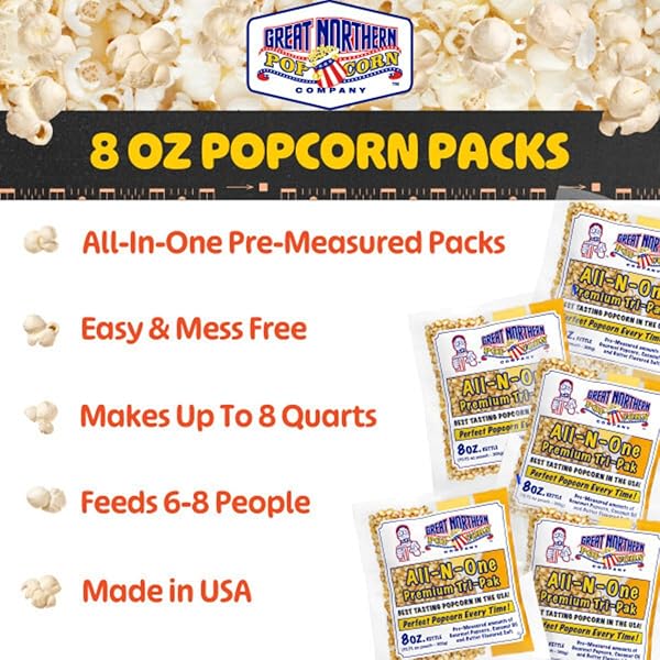 8OZ POPCORN MACHINE POPCORN PACKETS – ALL-IN-ONE MOVIE THEATER STYLE POPCORN KERNELS, SALT, AND OIL PACKS BY GREAT NORTHERN POPCORN (24 CASE)