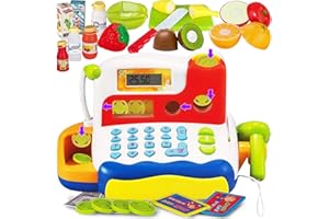 FUNERICA Toy Cash Register - with Large Interactive Coins Great for Toddlers - Scanner, Microphone, Calculator. Includes Grocery Food, Cuttable Fruit, Pretend Play Money - for Toddlers and Kids