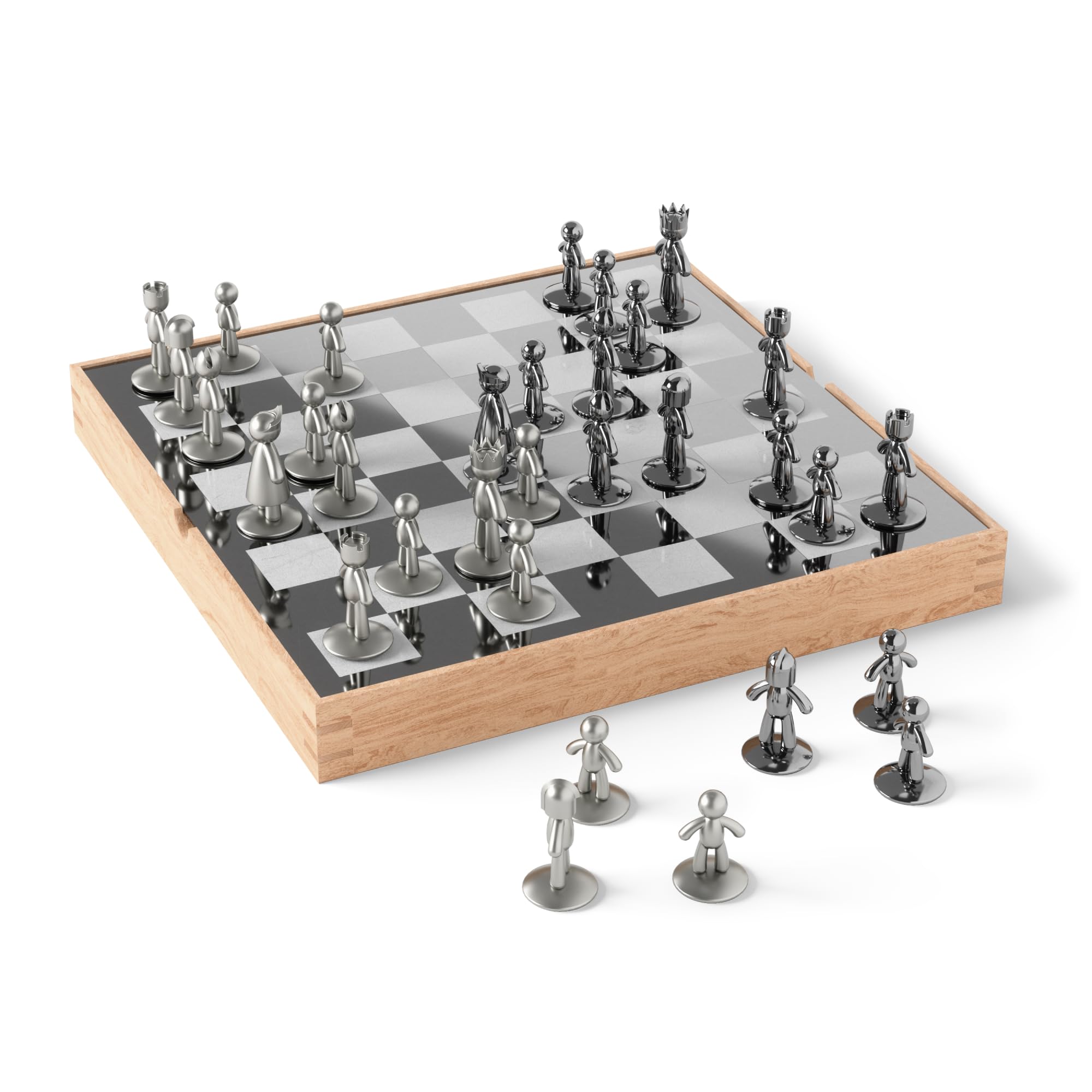 Umbra Buddy Chess Set For Kids & Adults – Modern Original Chessboard Game Made of Metal With Nickel & Titanium Finish – Measures 13 x 13 x 1 ½" (33 x 33 x 3.8 cm) - Velvet Bottom for Easy Moving