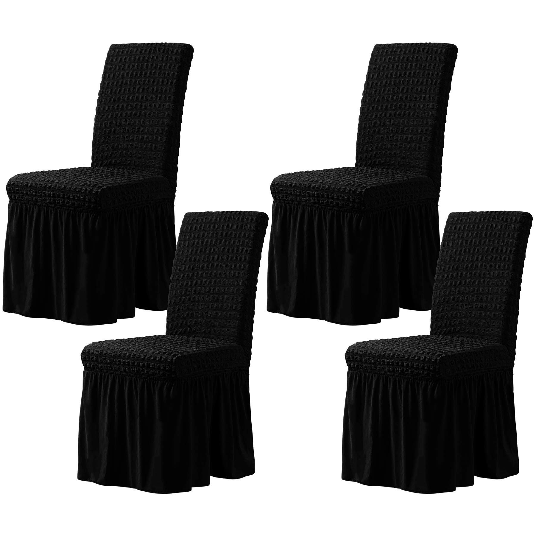 TOYABR 4PCS Stretch Dining Chair Covers with Skirt Spandex Dining Room Chair Cover, Washable Removable Furniture Protector for Home Ceremony Banquet Wedding Party (4PCS, Black)