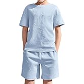 Haloumoning Boys 2 Piece Summer Outfits Short Sleeve Tshirts and Elastic Waist Shorts Casual Texture Sets