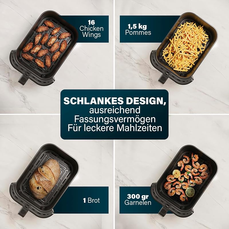 SlimFry Airfryer, 8L Fassungsvermögen, 2000W, 8 Programme, Digitales Touchscreen, Einstellbare Temperatur, Sichtfenster, Automatische Abschaltung, Spülmaschinenfest, 182257