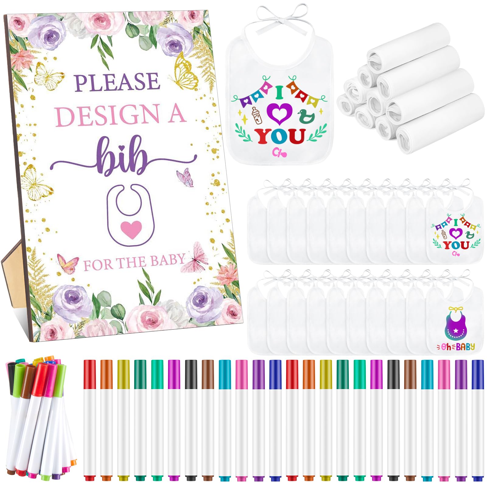 Photo 1 of Qeeenar 50 Pcs Baby Shower Game White Bib Kit Include 1 Wooden Baby Shower Game Sign 25 DIY Blank White Bibs 24 Colorful Markers(Butterfly)