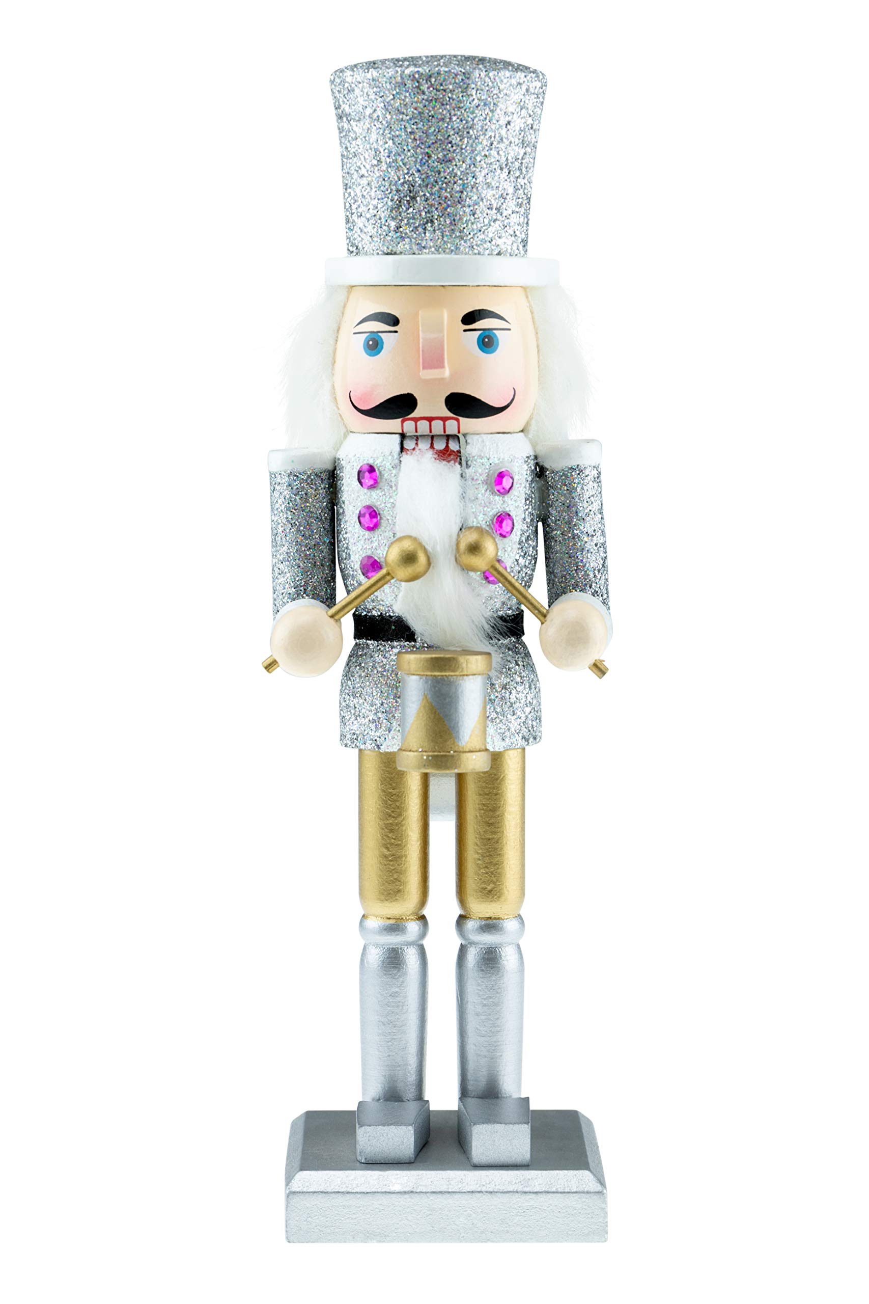 Clever Creations Traditional Wooden Drummer Christmas Nutcracker | Glittery Silver and Gold Holding a Drum | Festive Christmas Decor | Great for Any Holiday Collection | 10" Tall Perfect for Shelves