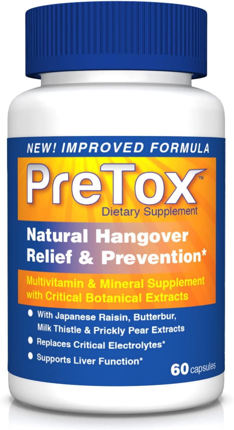 Natural Hangover Prevention by Pretox – Fast Hangover Relief and Morning Recovery Pills | Improved Formula with Prickly Pear, Japanese Raisin, Butterbur, L-Cysteine, Electrolytes (60 Capsules)