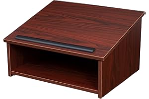 OEF Furnishings Portable Tabletop Lectern with Bookstop and Storage Shelf, Mahogany