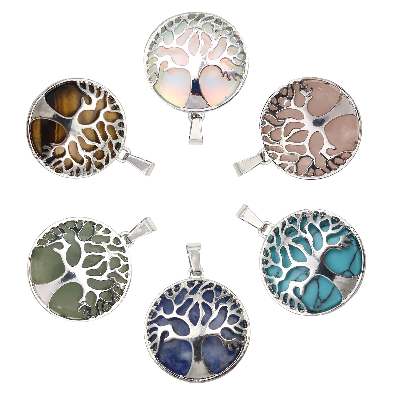 TOAOB 6 pcs 27 mm Tree of Life Charms Natural Gemstone Pendant for Jewellery Making Mixed Colors Metal Frame Hollow Round Charms for DIY Necklace Bracelet Earring Craft Supplies