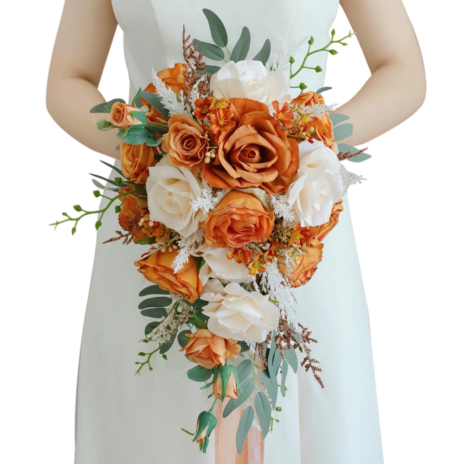 Photo 1 of BECIEM Terracotta Bridal Bouquet for Bride Cascading, Burnt Orange Wedding Bouquets for Bride, Artificial Roses Flowers Wedding Decoration, Ceremony, Anniversary, Homecoming, etc.