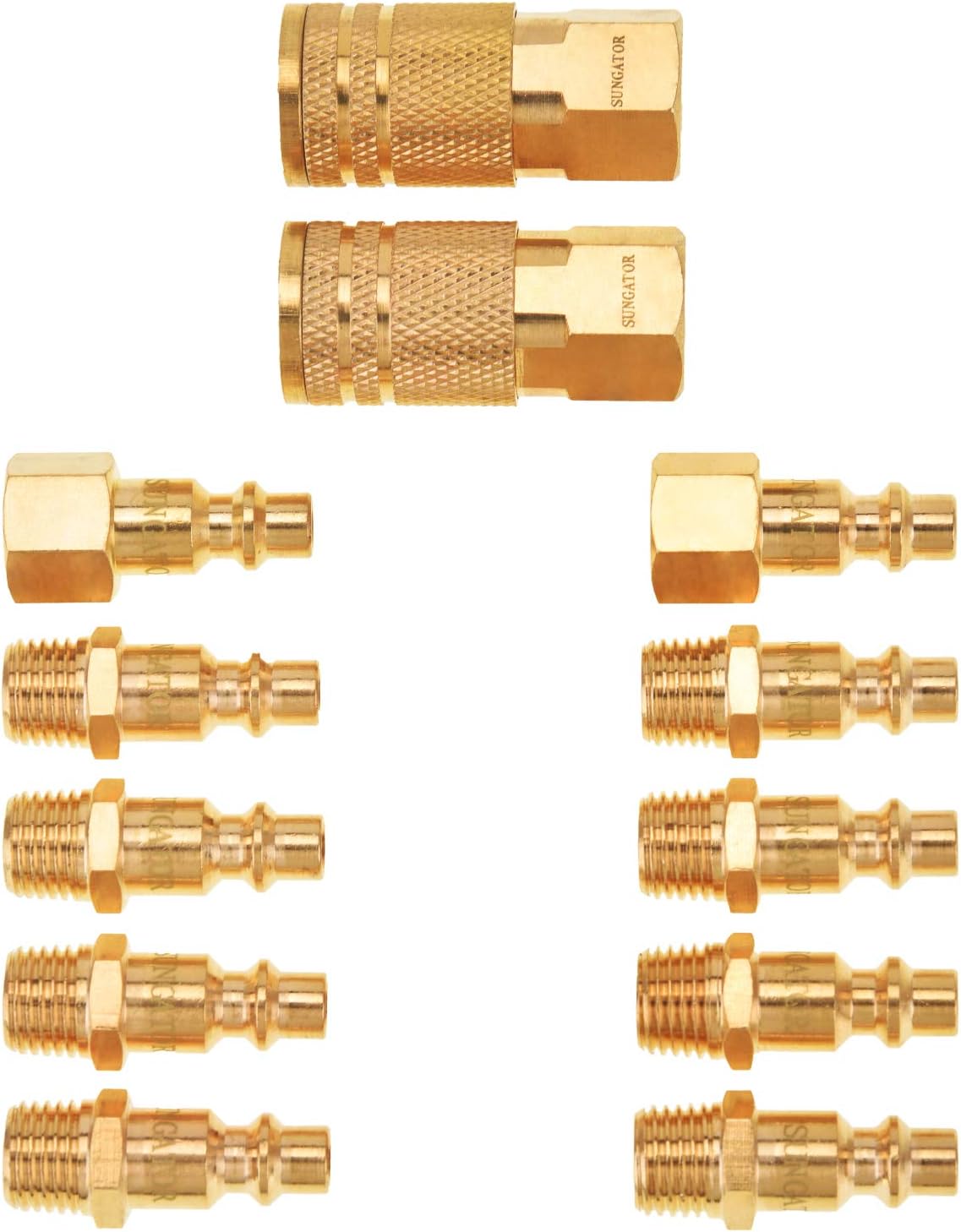 Air Coupler and Plug Kit, SUNGATOR Solid Brass Air Tool Fitting, Industrial 1/4" NPT Air Compressor Accessories (12-Piece) - - 