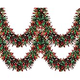 33 Ft Christmas Tinsel Garland Shiny Thick Red and Green Tinsel Decor Xmas Tree Decorations Metallic Twist Foil Garland for Christmas Party Home Stairs Indoor Outdoor Supplies