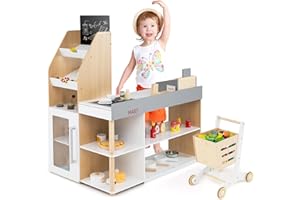 KOTEK Grocery Store Pretend Play, Wooden Supermarket Playset with Shopping Cart, Cash Register, Conveyor Belt, 6 Coins, Black