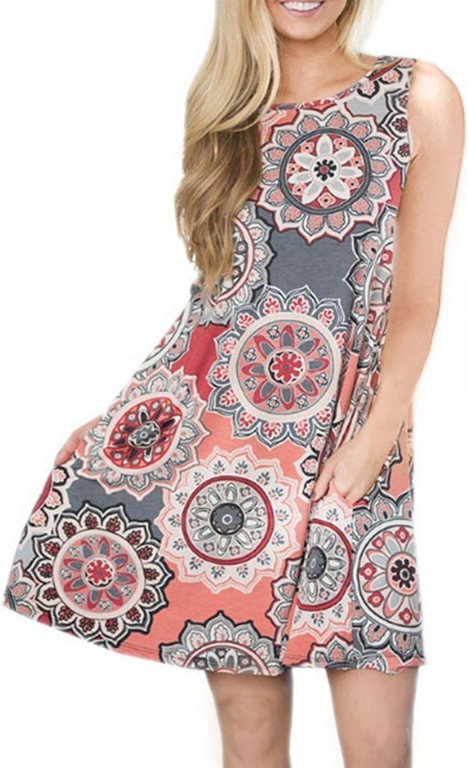 Tanst Women Summer Sleeveless Damask Print T-Shirt Dress with Pockets(S-3XL)