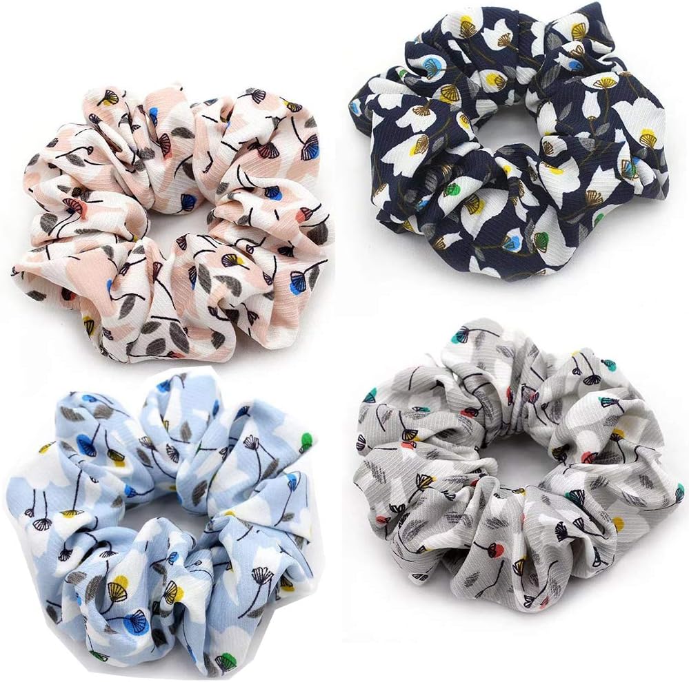Melveiry 4 Pack Hair Scrunchies Ties Rope Elastics - Fabric Print Ponytail Holder Hair Bands with Stylish Design Colorful Anti-Slack Super Elasticity Hair Accessories for Women Girls