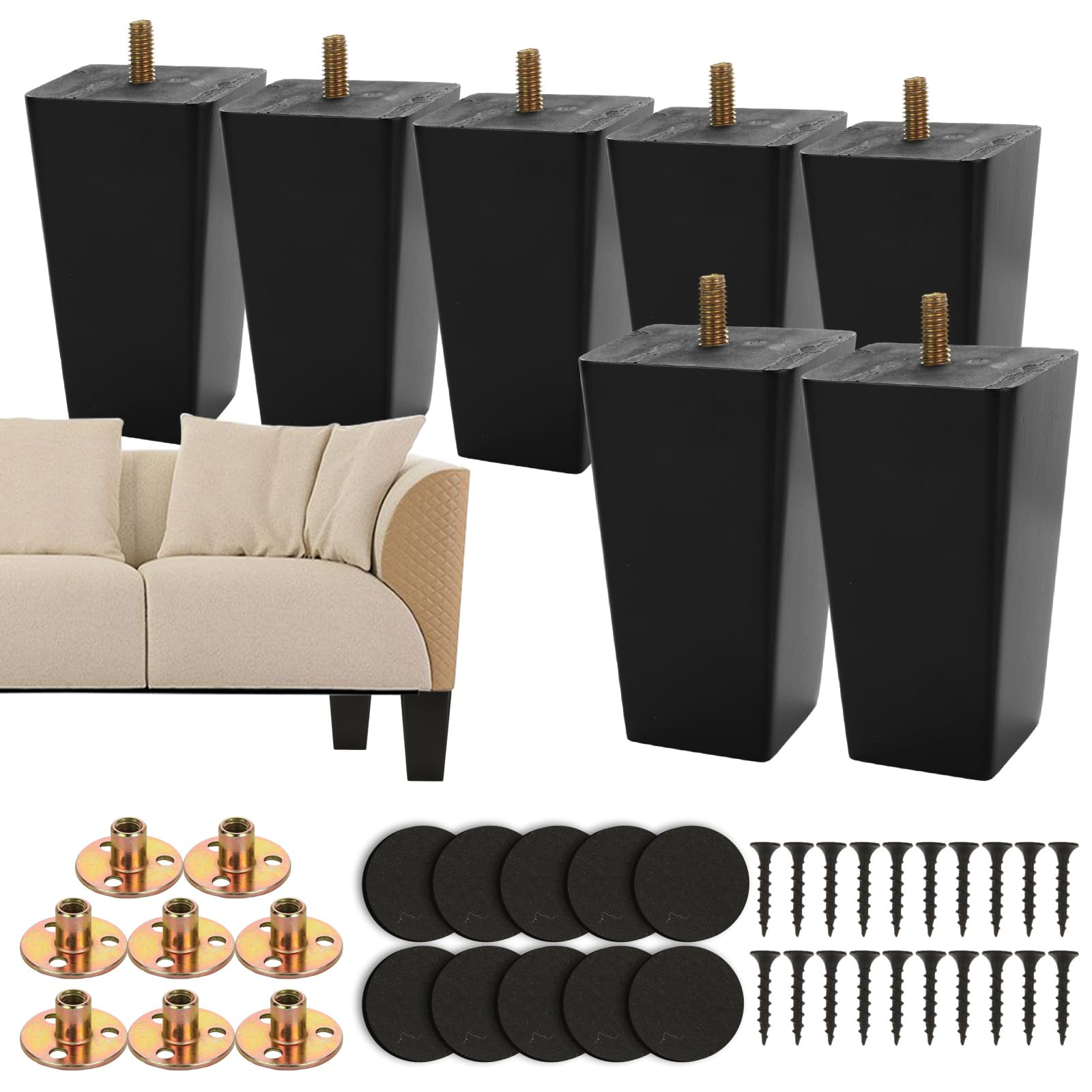 MUXHEL Sofa Legs Set of 8, 10 cm Sofa Feet Wooden Furniture Legs, Replacement Sofa Legs Solid Wood Furniture Legs M8 Bolt with Mounting Plate & Screws for Couch Armchair Dresser-Black