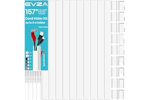 EVZA Cord Hider, Wire Cover, Cord Covers Wall Mounted TV, Cable Hider, 157 in Paintable White Raceway Kit, Electrical Cords Concealer, Cable Management, Hide Cords Wall, Wire Molding, Adhesive Channel