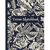 Tattoo Sketchbook: Tattoo artist sketchbook, 120 large blank pages (8.5" x 11") plus dot graph paper & monochrome blackout cover (bird / rose / heart)