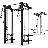 Mikolo Folding Squat Rack, Wall Mounted Power Rack with Cable Crossover Machine &amp; LAT Pull Down, Functional Trainer with 5 Adjustable Function Modes, Home Gym Package
