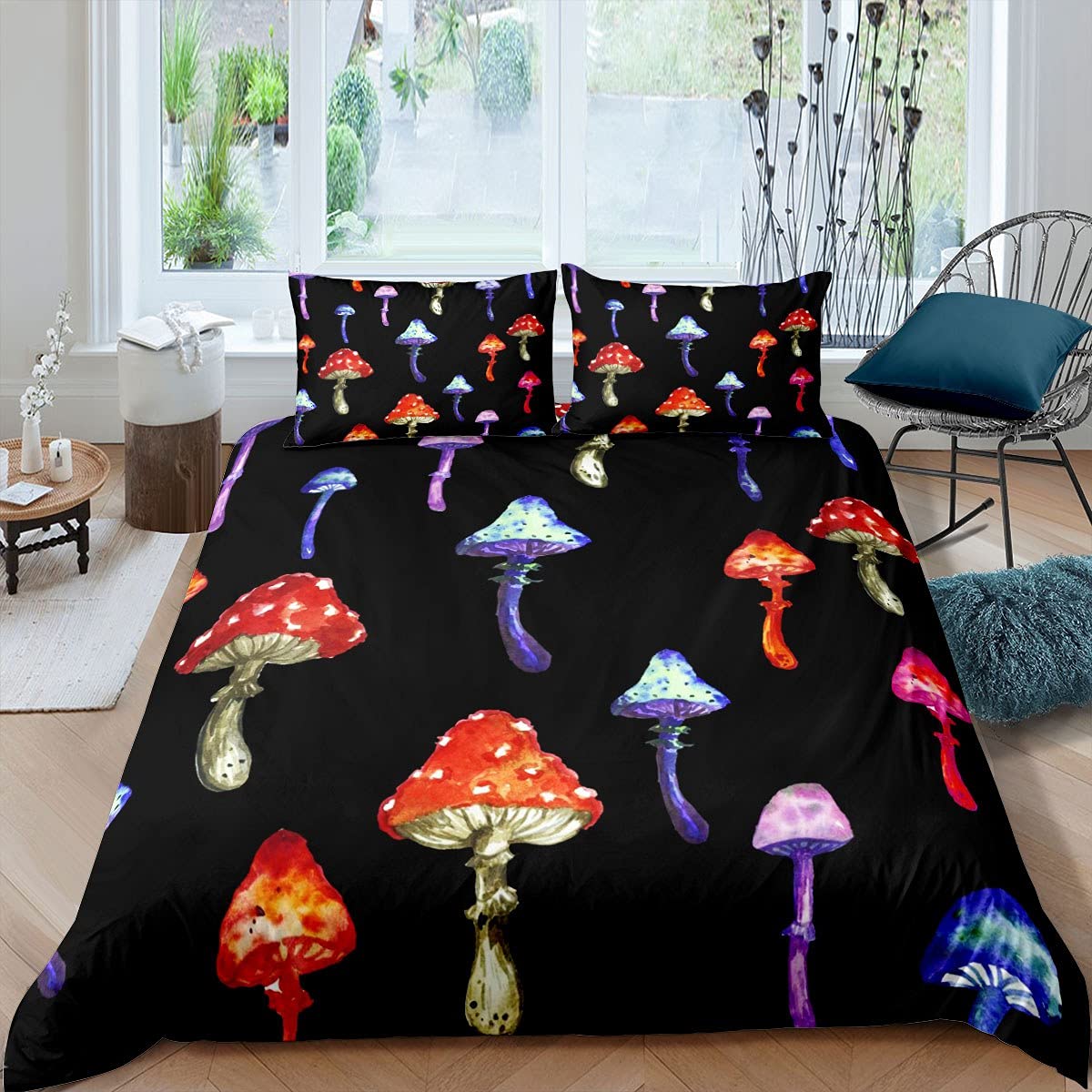 Homemissing Mushrooms Bedding Set Multicolor Cute Botanical Plants Duvet Cover for Kids Boys Girls Women Lovely Mushroom Comforter Cover Watercolor Bedding & Linen 3Pcs Double Size